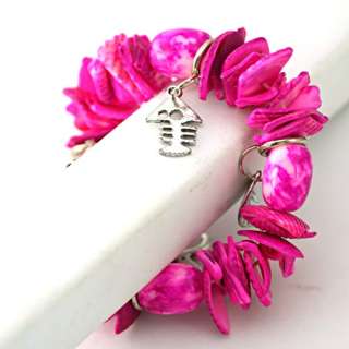   Pink Shell Beads Elastic Stretch Dangle Cuff Bangle Bracelet  