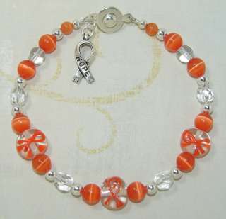 Orange Ribbon Leukemia Cancer Awareness Beaded Bracelet  