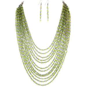 GREEN BEADS BEADED LAYERED FASHION NECKLACE EARRINGS  