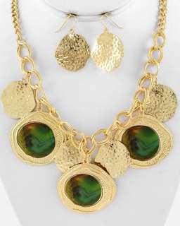 CHUNKY Designer Style Gold,Green BIB NECKLACE EARRINGS fashion jewelry 