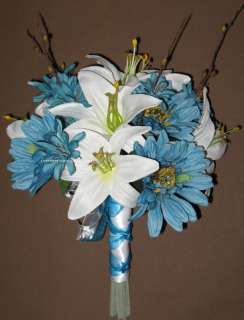 Turquoise Silk Wedding Bouquets,13 Piece Bridal Flower  