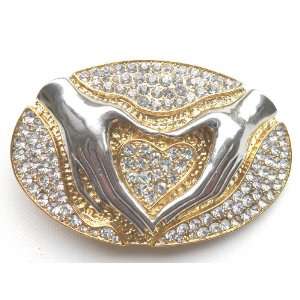  Golden Rhinestone Jeweled Heart & Hands Belt Buckle for 