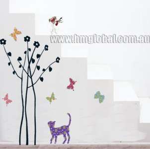 Butterflies, Cat & Trees Removable Wall Sticker/Decal  
