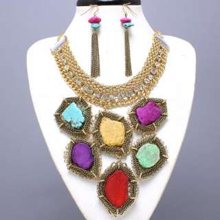 Chunky Gold Design Crystal Turquoise Bib Statement Necklace Earrings 