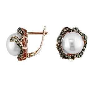    10 mm Champagne Diamond & Pearl Earring in 14k Rose Gold. Jewelry