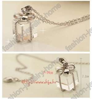 Fashion Crystal Bowknot Box Pendant Necklace  
