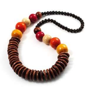Long Multicoloured Chunky Wood Bead Necklace (Brown, Yellow, Orange 