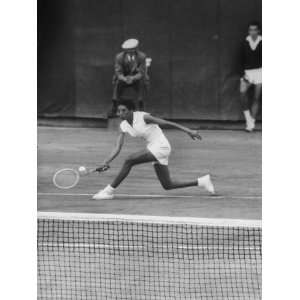 Tennis Player Althea Gibson in Action on Court During Match Stretched 