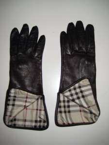 BURBERRY Brown Leather Gloves Nova Check Cuff Lining 7  