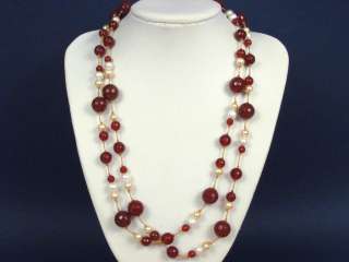 Necklace 48 Red Carnelian Facet Round Beads and Pearls  