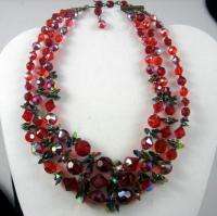   Strand Aurora Borealis Ruby Glass Rivoli & Facet Bead Necklace  