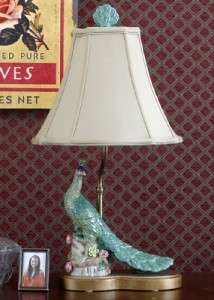 BRASS & PORCELAIN FIGURAL PEACOCK BIRD LAMP RIGHT  