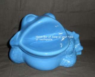 Vintage Big Mouth Blue Ceramic Frog Toothbrush Holder & Paste r Bar 