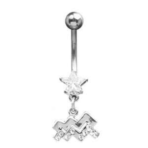 316L Surgical Steel   Clear Aquarius Zodiac Sign   Belly Rings   14g 