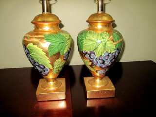 Pair Gold Gilded Handpainted Grape Vine Table Lamp  