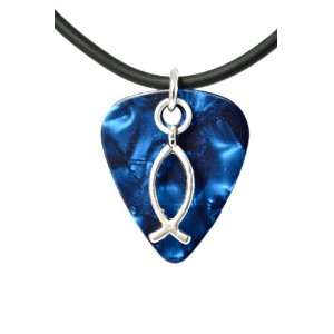  Guitar Pick Necklace with Christian Fish Charm on Blue Guitar Pick 