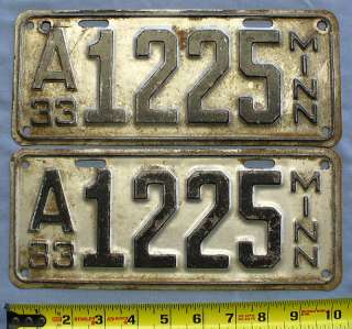 1933 Minnesota License Plate Pair #A1225 Shorties  