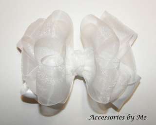 Boutique~White Sheer Organza Satin Bow~Girls Pageant Fancy Hair 