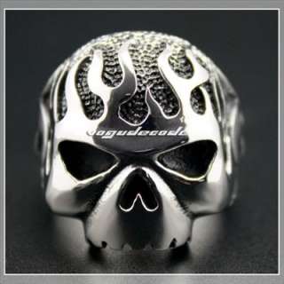 Cool 316L Stainless Steel Fire Skull Men`s Biker Ring 3F002  