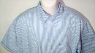   Stretch Blue White Stripe Button Down S/S Shirt Emb Flag Sz L EUC