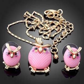 Pink Resin Night owl Bird 18k Gold GP Necklace Earrings Set Swarovski 