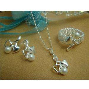   Silver EP Fashion Pearl&Heart Womens Necklace&Earring&Ring  