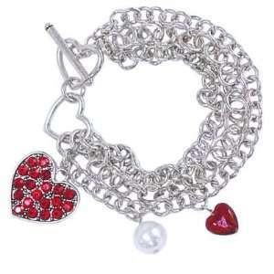 Fancy Silver Tone Multi Strand Red Crystal Heart and Faux 