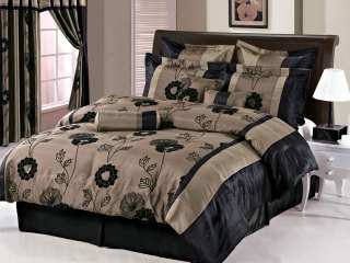 8Pcs Queen Floral Black and Tan Comforter Set  