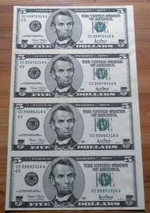 RARE Uncut Sheet of (4) Legal US $5 Five Dollar Currency Notes  