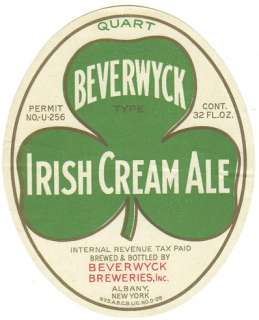 1930s Beverwyck Irish Cream Ale IRTP Label Albany, NY  