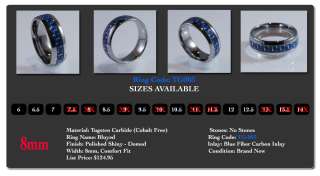 8MM Tungsten Carbide Men Elegant Blue Ring Wedding Band   Sizes 6 to 