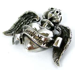 WING FLAME HEART TATTOO 925 STERLING SILVER MEN PENDANT  