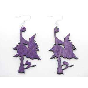  Purple Witch on Broom Wooden Earrings GTJ Jewelry