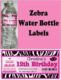 30 PINK ZEBRA BIRTHDAY PARTY FAVORS ~ WATER BOTTLE LABELS  