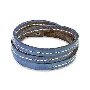   Blue Triple Wrap Topstitched Leather Bracelet West Coast Jewelry